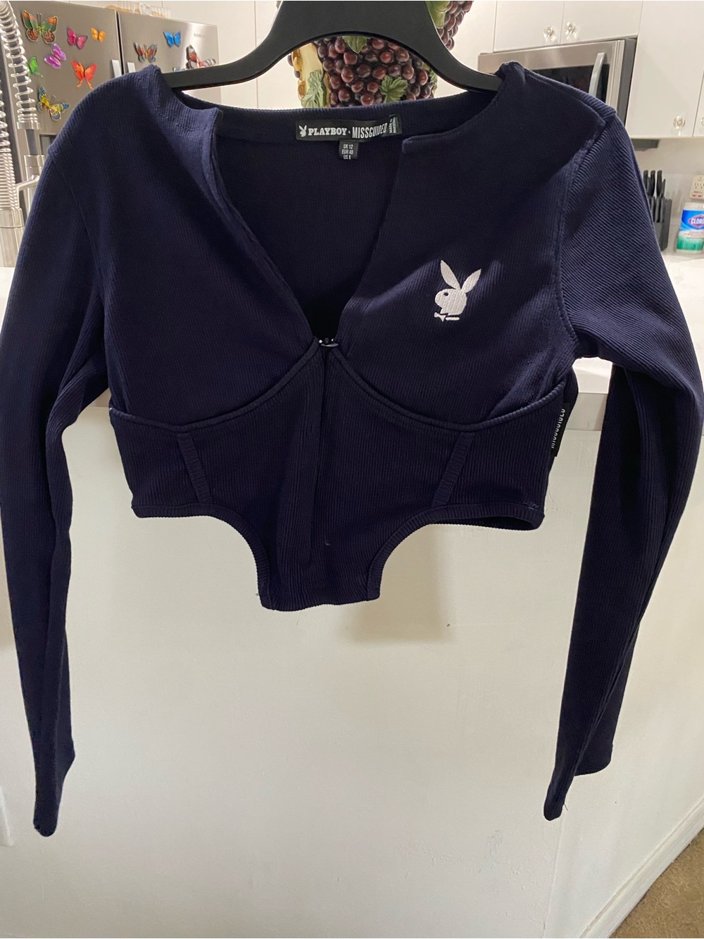 Missguided + Navy Ribbed Long-Sleeve Cropped Top with Bunny Logo
